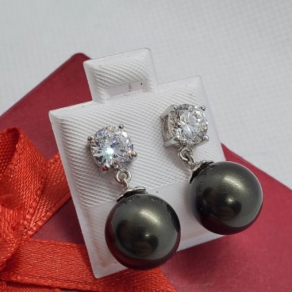 925 Silver CZ and Dangling Pearl Earrings - Picture 3 of 6